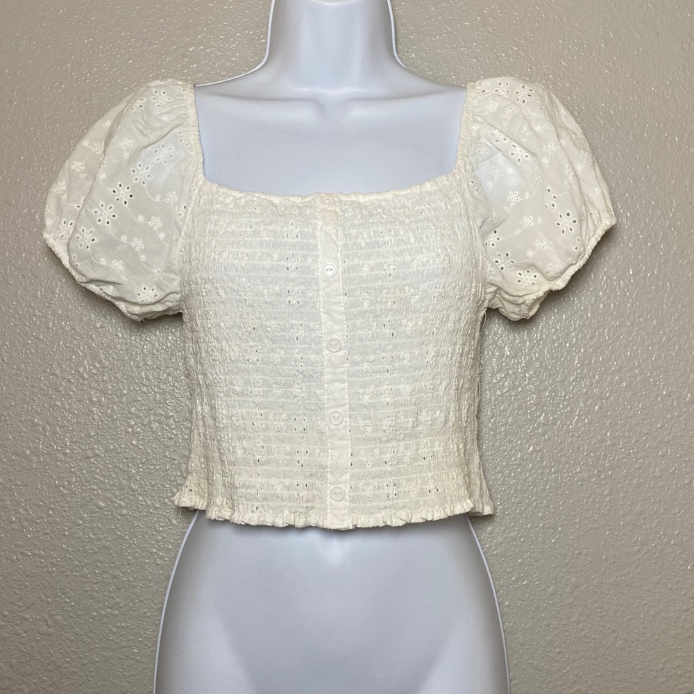 Panhandle Smocked Eyelet Lace Milkmaid Top Large 100% Cotton Coquette Western